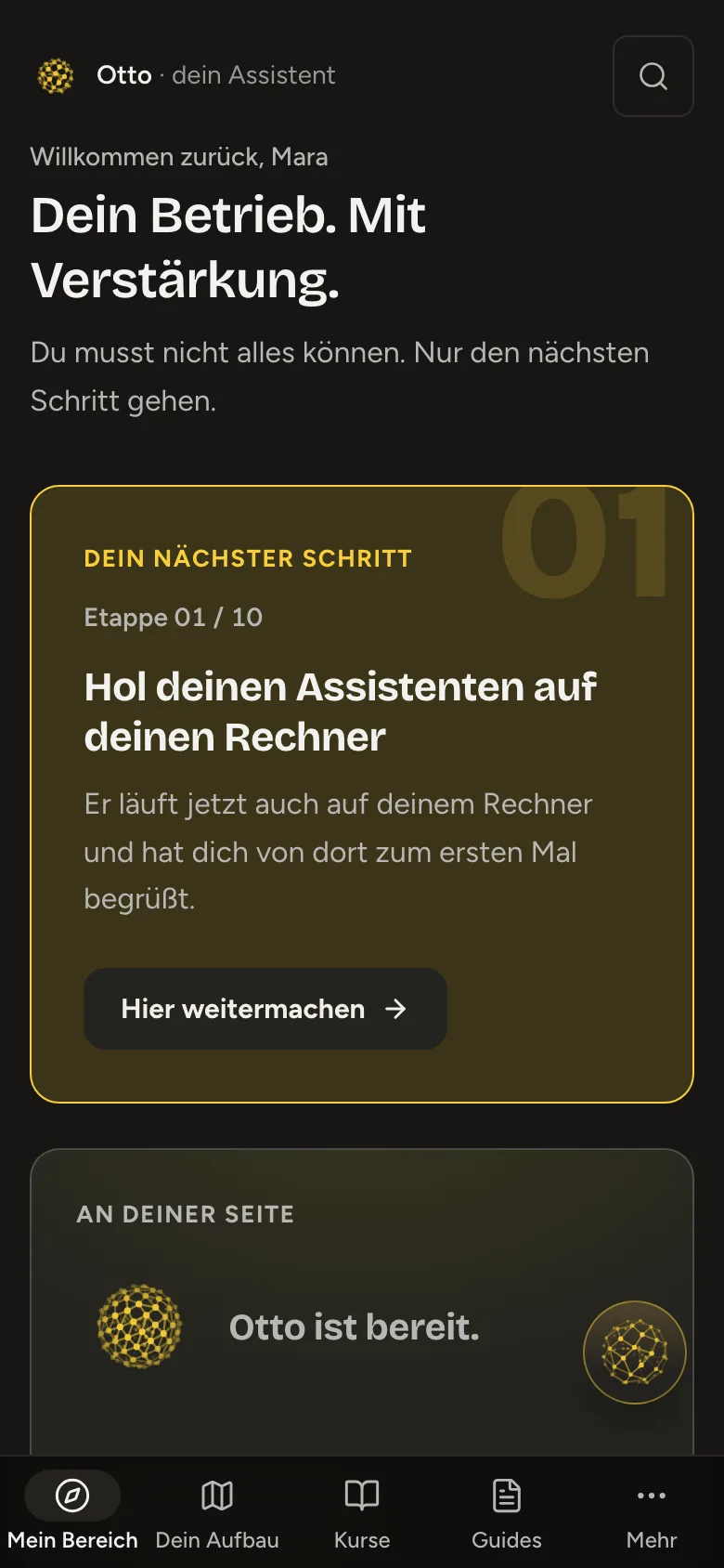 Startseite des Mitgliederbereichs: Karte „Dein nächster Schritt" in Etappe 1, daneben der Assistent Otto, darunter der Fortschritt über zehn Etappen.