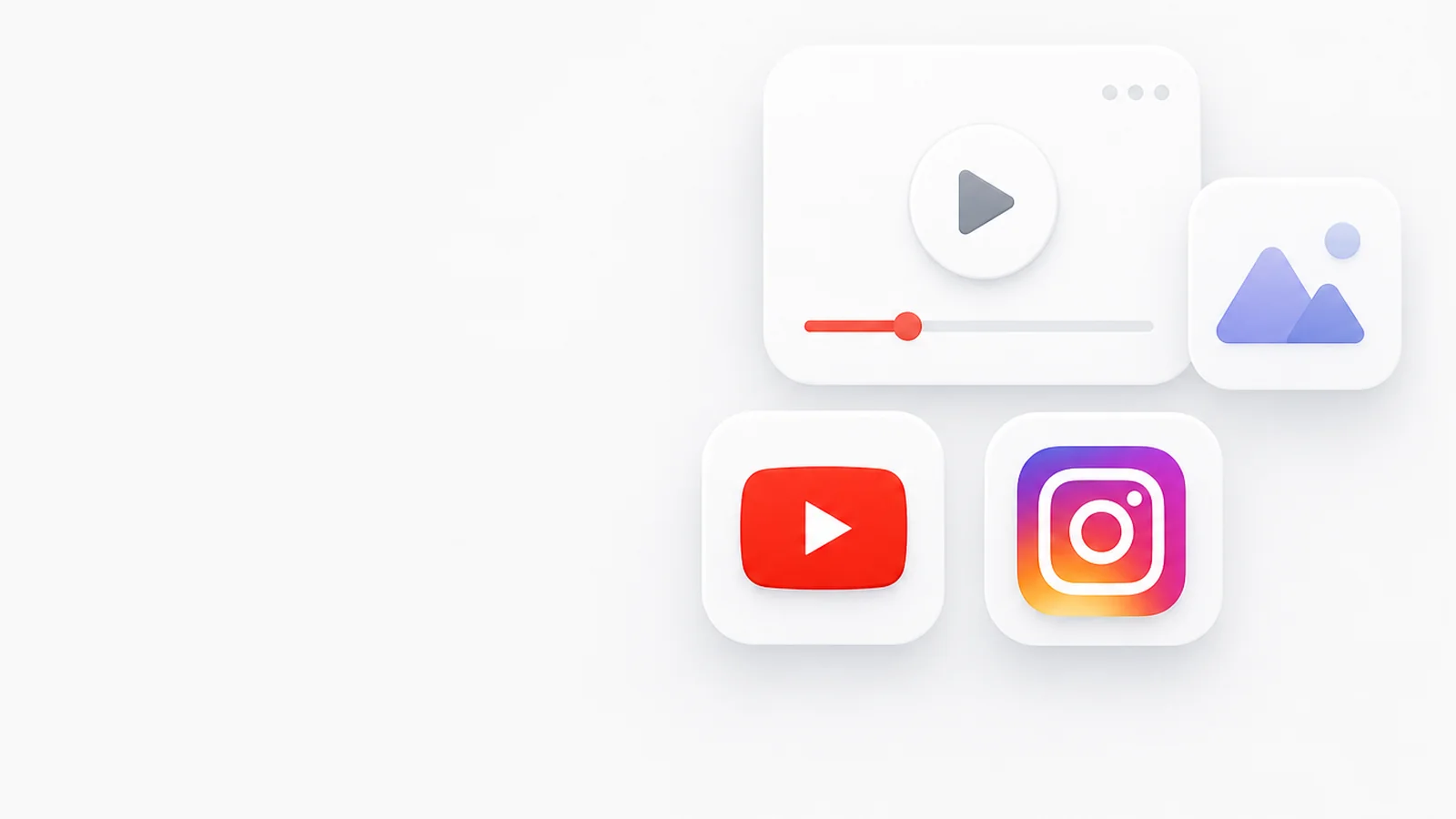 Videokarte mit Wiedergabe-Symbol, Bildkarte und die Logos von YouTube und Instagram