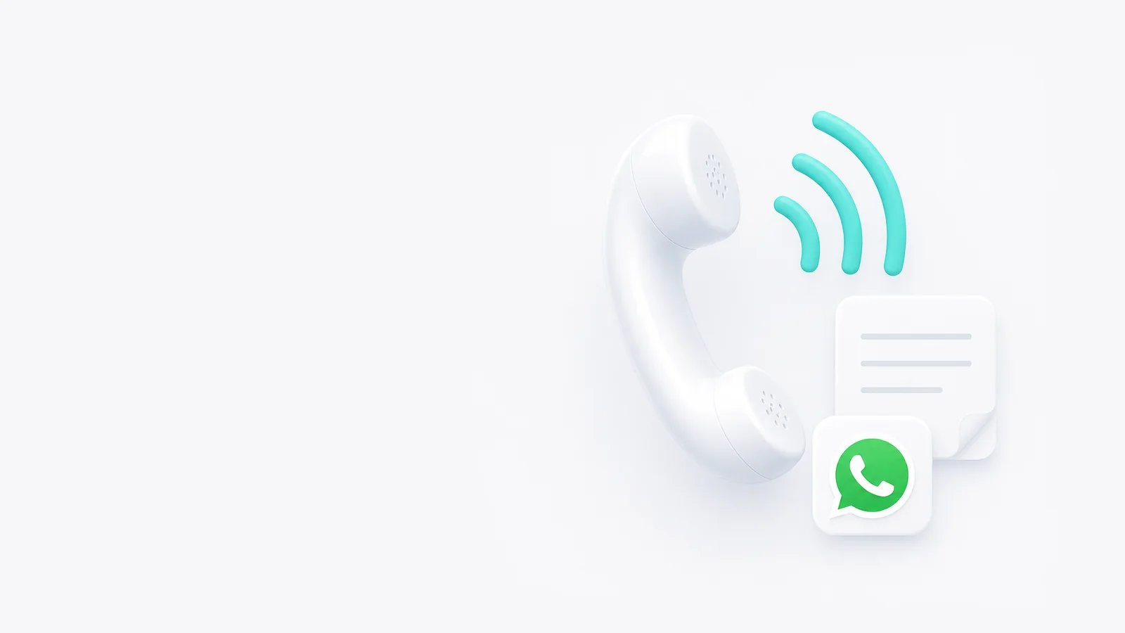 Telefonhörer mit türkisen Schallwellen, eine Notizkarte und das WhatsApp-Logo