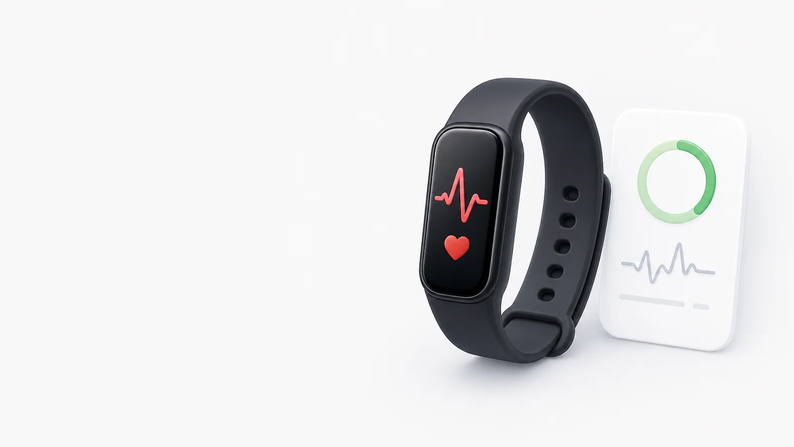 Schwarzes Fitnessband mit Herzfrequenz auf dem Display neben einer Karte mit Ringdiagramm