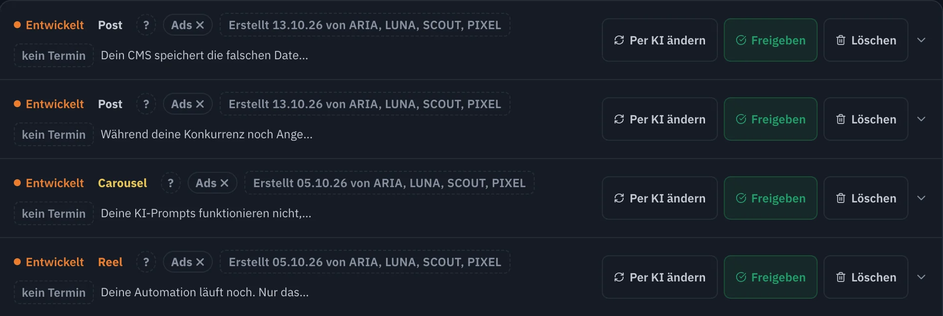 Liste fertiger Beiträge (Post, Karussell, Reel) mit den Knöpfen „Per KI ändern“, „Freigeben“ und „Löschen“.