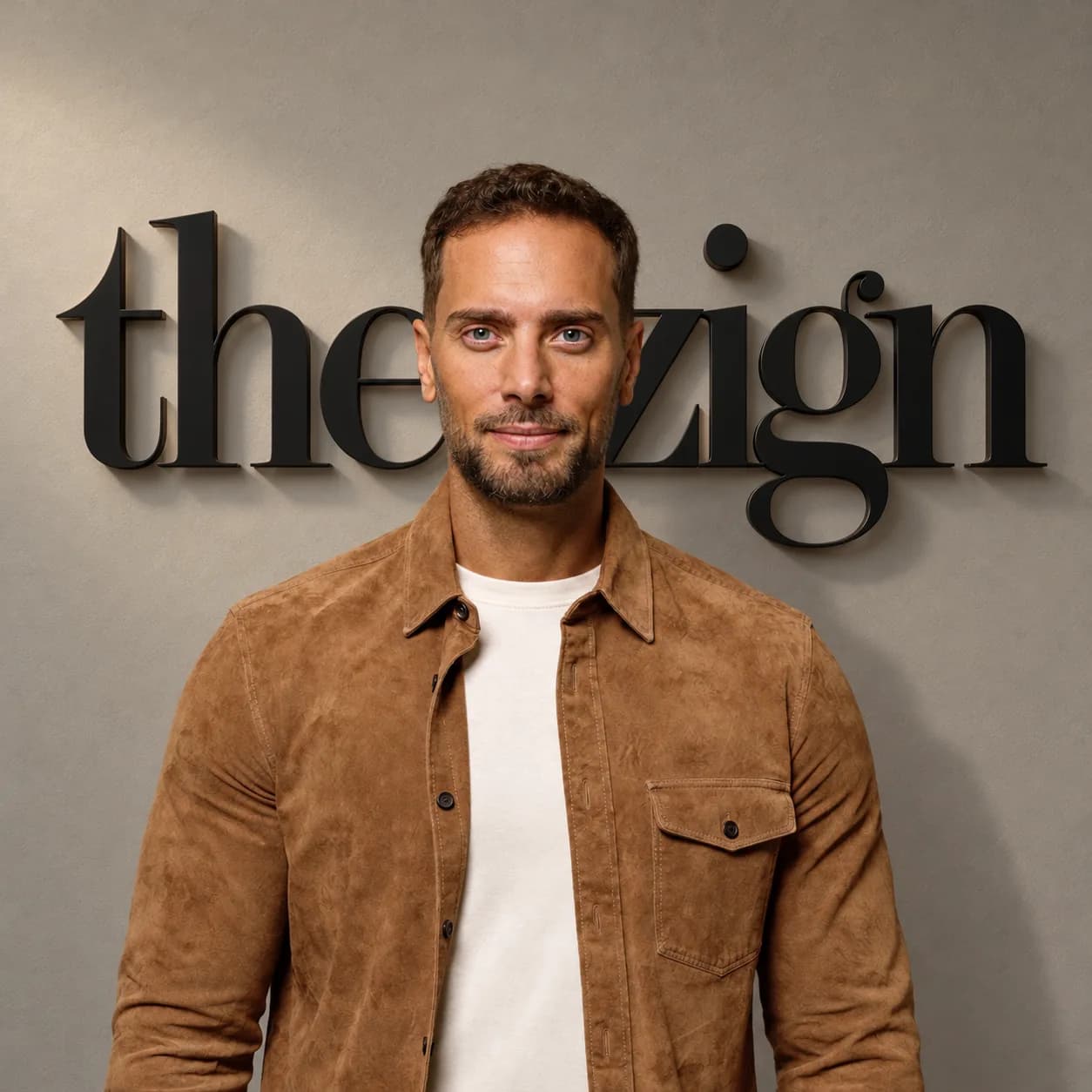 David Koch, Gründer von the zign, vor der Wand mit dem the-zign-Schriftzug