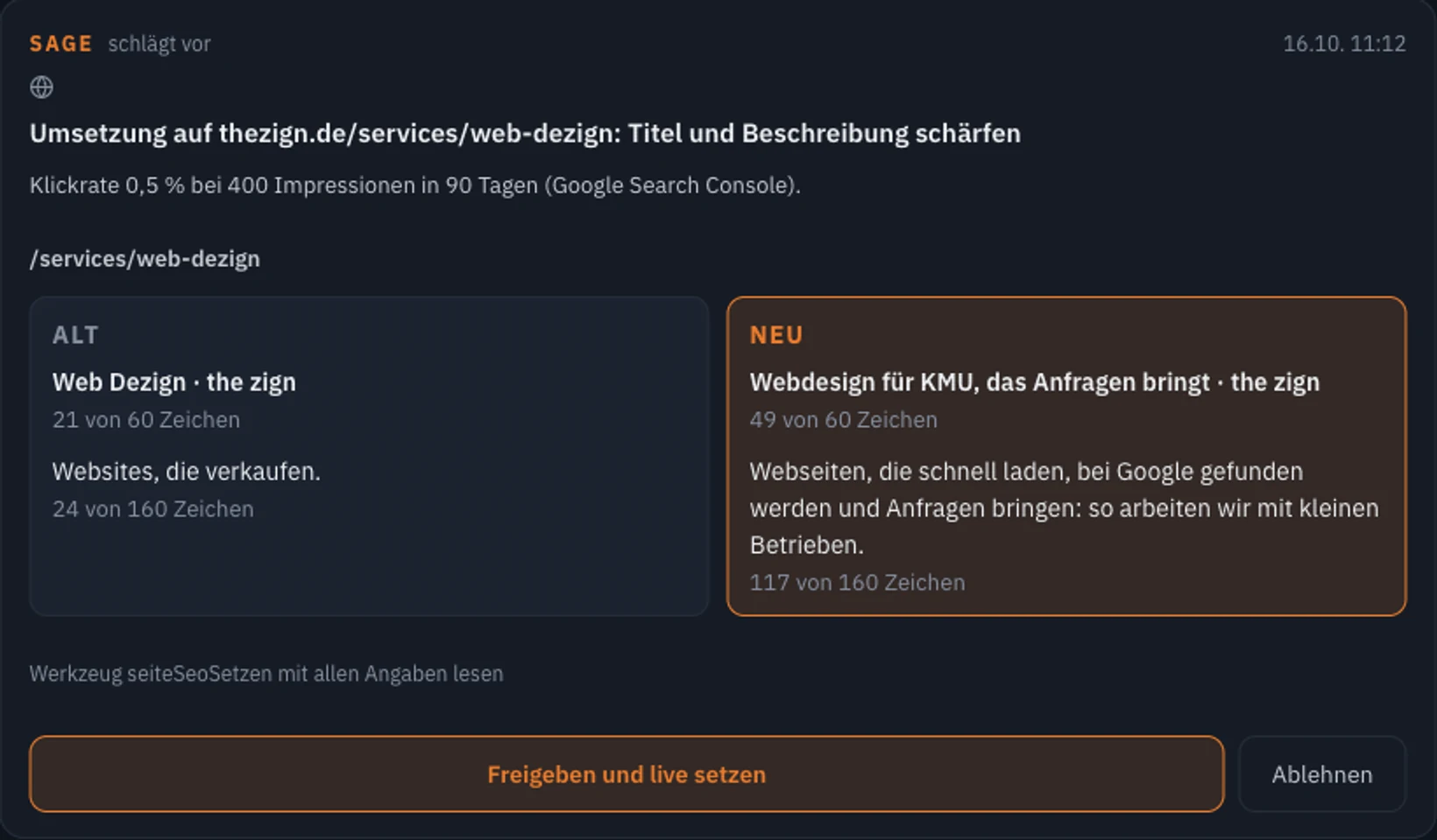 Freigabe-Karte: der Assistent schlägt einen neuen Seitentitel vor, alt und neu nebeneinander, darunter die Knöpfe Freigeben und Ablehnen