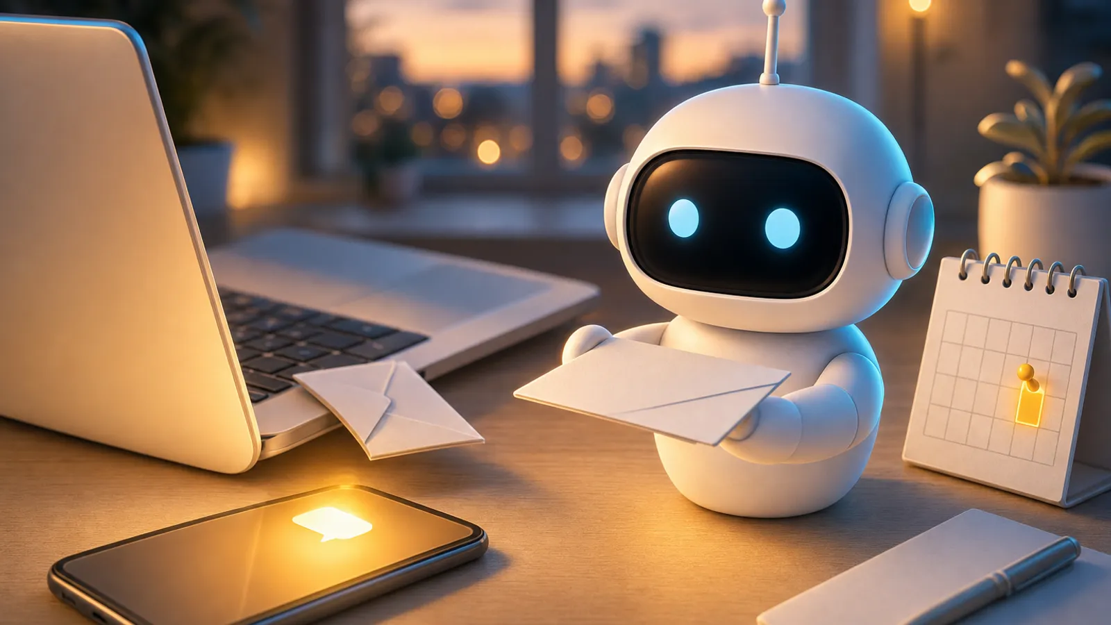 Ein weißer Roboter-Assistent hält am Abend an einem Schreibtisch einen Antwortbrief hin; daneben leuchtet ein Handy mit einer neuen Nachricht golden auf, ein Briefumschlag gleitet aus dem Laptop, und im Tischkalender steckt eine goldene Markierung.