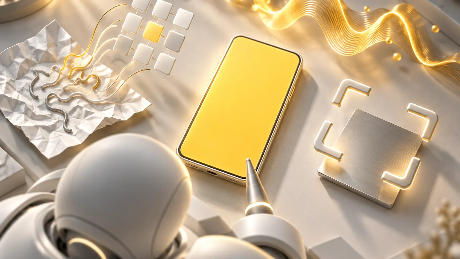 Draufsicht auf ein Handy mit gold leuchtendem Bildschirm, umgeben von drei Szenen: ein zerknitterter Zettel wird zu einem Raster, eine goldene Klangwelle, ein Kamerasucher über einem Metallschild; ein weißer Assistent zeigt aufs Handy.