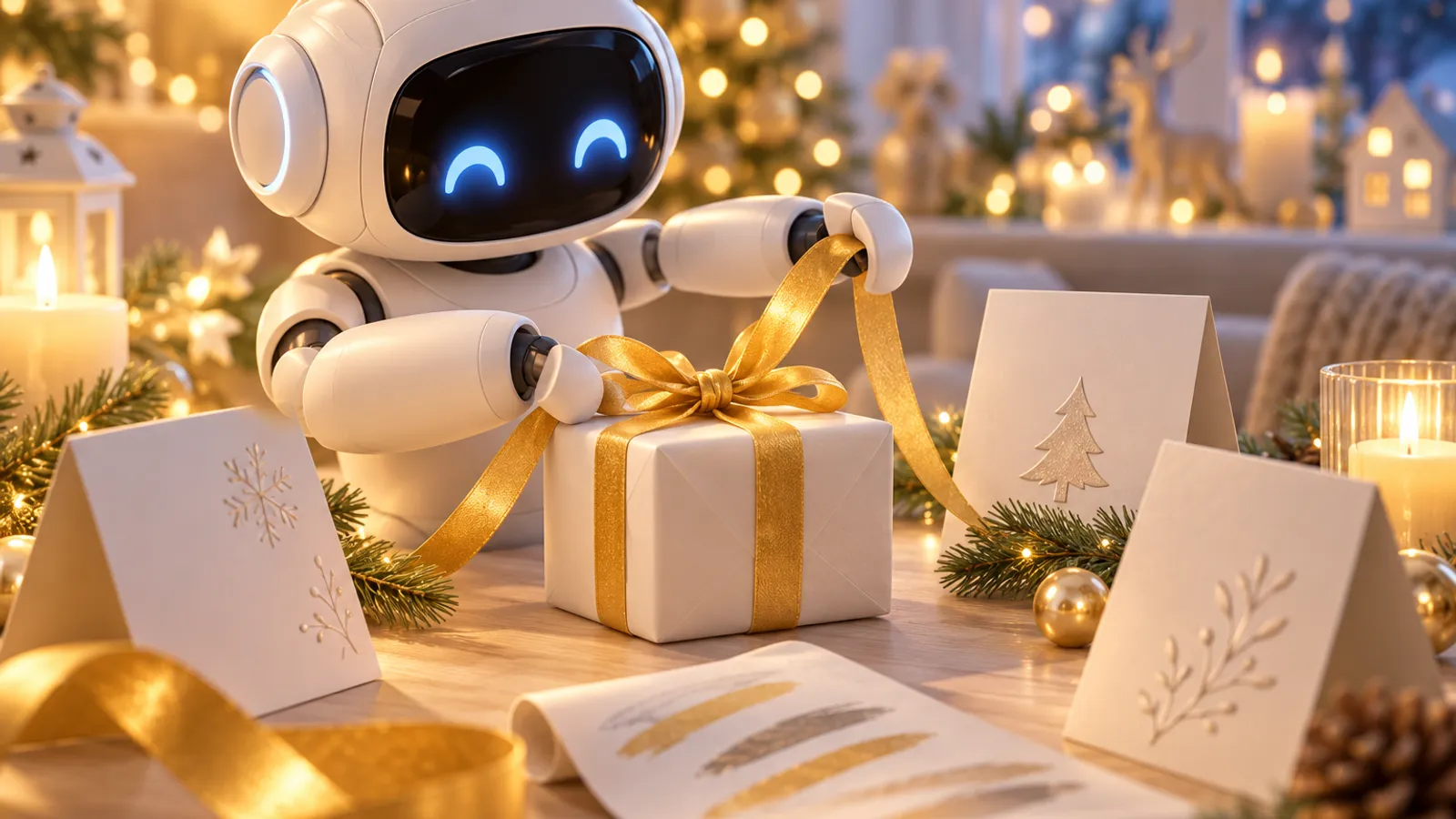 Ein weißer Roboter-Assistent bindet eine goldene Schleife um ein Geschenk. Um ihn herum stehen drei weiße Klappkarten, ein Tannenzweig, eine kleine Wunschliste und Kerzen im warmen Licht.