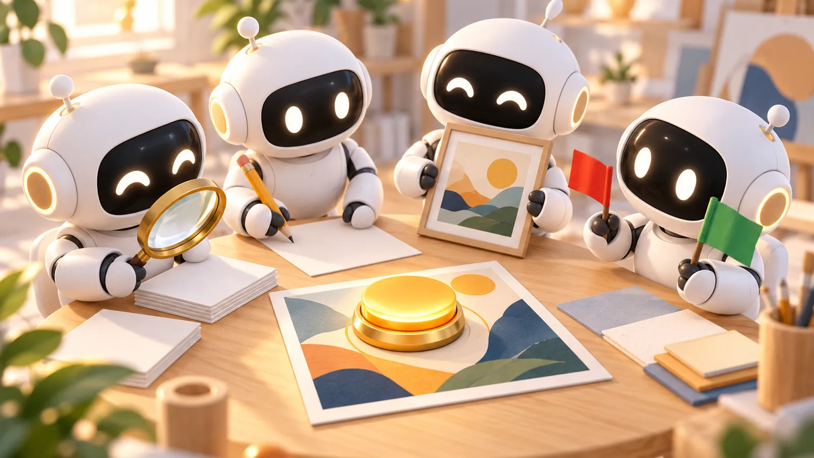 Vier weiße Roboter-Assistenten sitzen um einen runden Holztisch: einer hält eine Lupe über Notizkarten, einer einen Bleistift, einer ein Bild mit Landschaft, einer eine rote und eine grüne Fahne. In der Mitte liegt ein fertiger Beitrag unter einem großen goldenen Knopf.