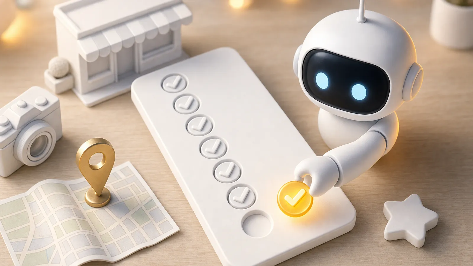 Ein weißer Roboter-Assistent setzt eine leuchtend goldene Haken-Münze in die letzte von sieben Mulden auf einer weißen Karte; daneben liegen ein Stadtplan mit goldener Standortnadel, eine Kamera, ein kleines Ladengeschäft und ein Stern.