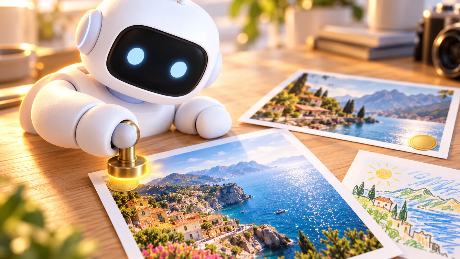 Ein weißer Roboter-Assistent drückt einen Messingstempel auf die Ecke eines echt wirkenden Fotos einer Mittelmeerküste, an der Stelle leuchtet ein goldenes Siegel. Daneben liegen ein weiteres Foto mit Siegel und eine Buntstiftzeichnung ohne Siegel.