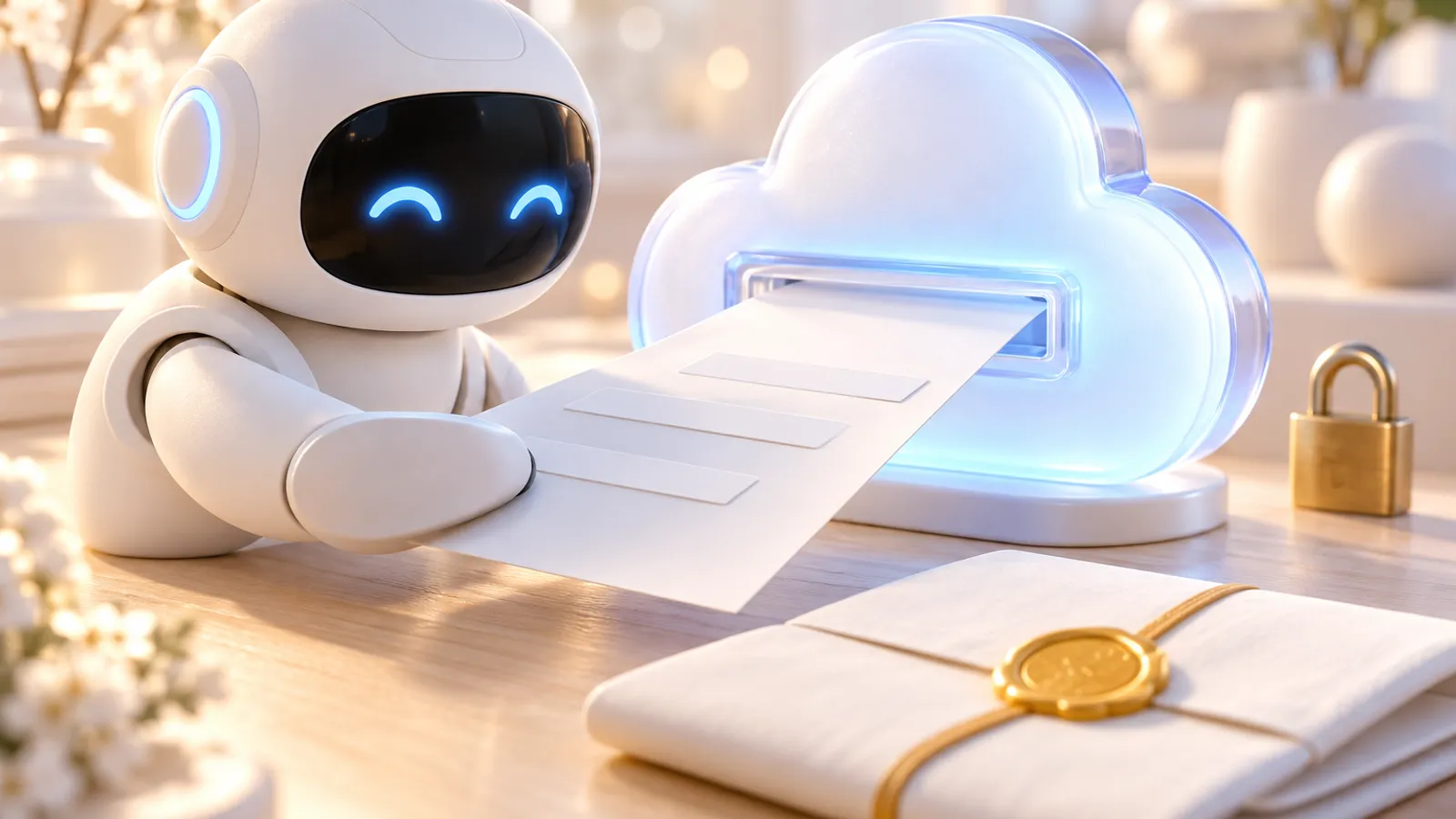 Ein weißer Roboter-Assistent schiebt ein Blatt, auf dem alle Namensfelder mit weißen Streifen abgedeckt sind, durch einen Schlitz in eine leuchtende Wolke. Daneben liegen ein goldenes Vorhängeschloss und ein mit goldenem Wachssiegel verschlossener Vertrag.