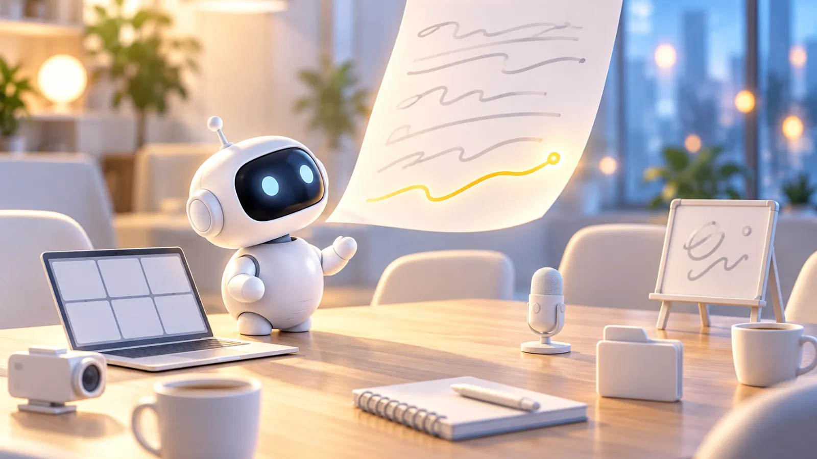 Ein weißer Roboter-Assistent steht auf einem hellen Meetingtisch neben einem aufgeklappten Laptop und schaut zu einem Blatt Papier, das über dem Tisch schwebt und sich von selbst mit Zeilen füllt. Auf dem Tisch verteilt stehen fünf kleine weiße Gegenstände: Kamera, Mikrofon, Whiteboard, Notizbuch und Ordner.