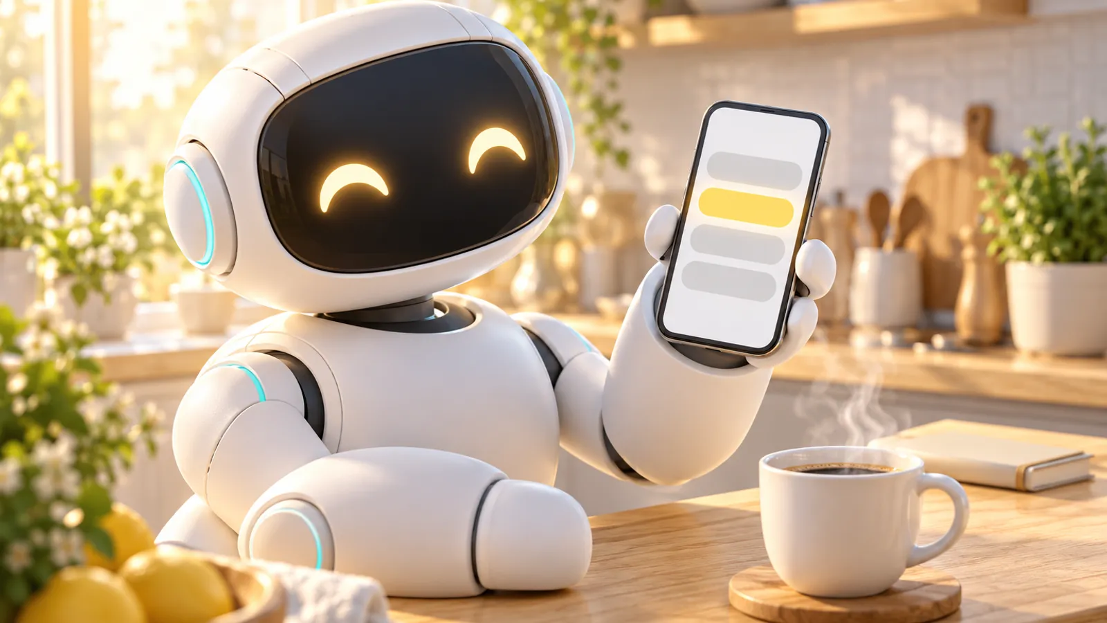 Ein weißer Roboter-Assistent sitzt an einer Küchentheke im Morgenlicht und hält ein Smartphone hoch, auf dem vier kurze Nachrichtenbalken untereinander stehen, einer leuchtet golden. Davor stehen eine dampfende Kaffeetasse und ein Notizbuch.