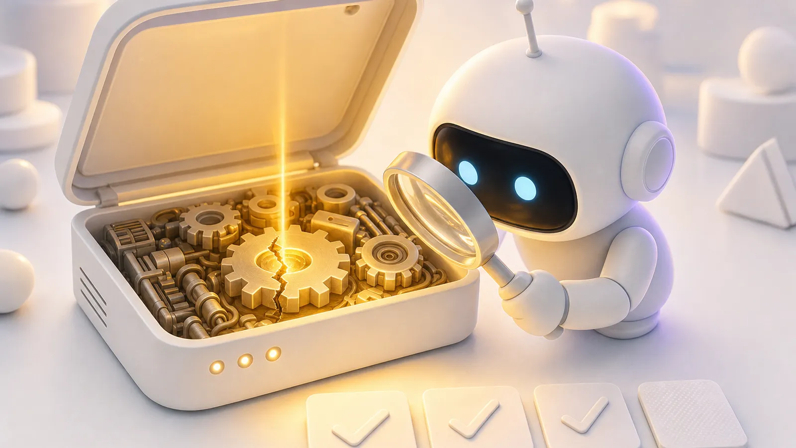 Ein weißer Assistent hält eine Lupe über eine geöffnete Serverbox, in der ein Zahnrad mit einem goldenen Riss leuchtet; davor liegen vier Prüfkarten, drei davon abgehakt.