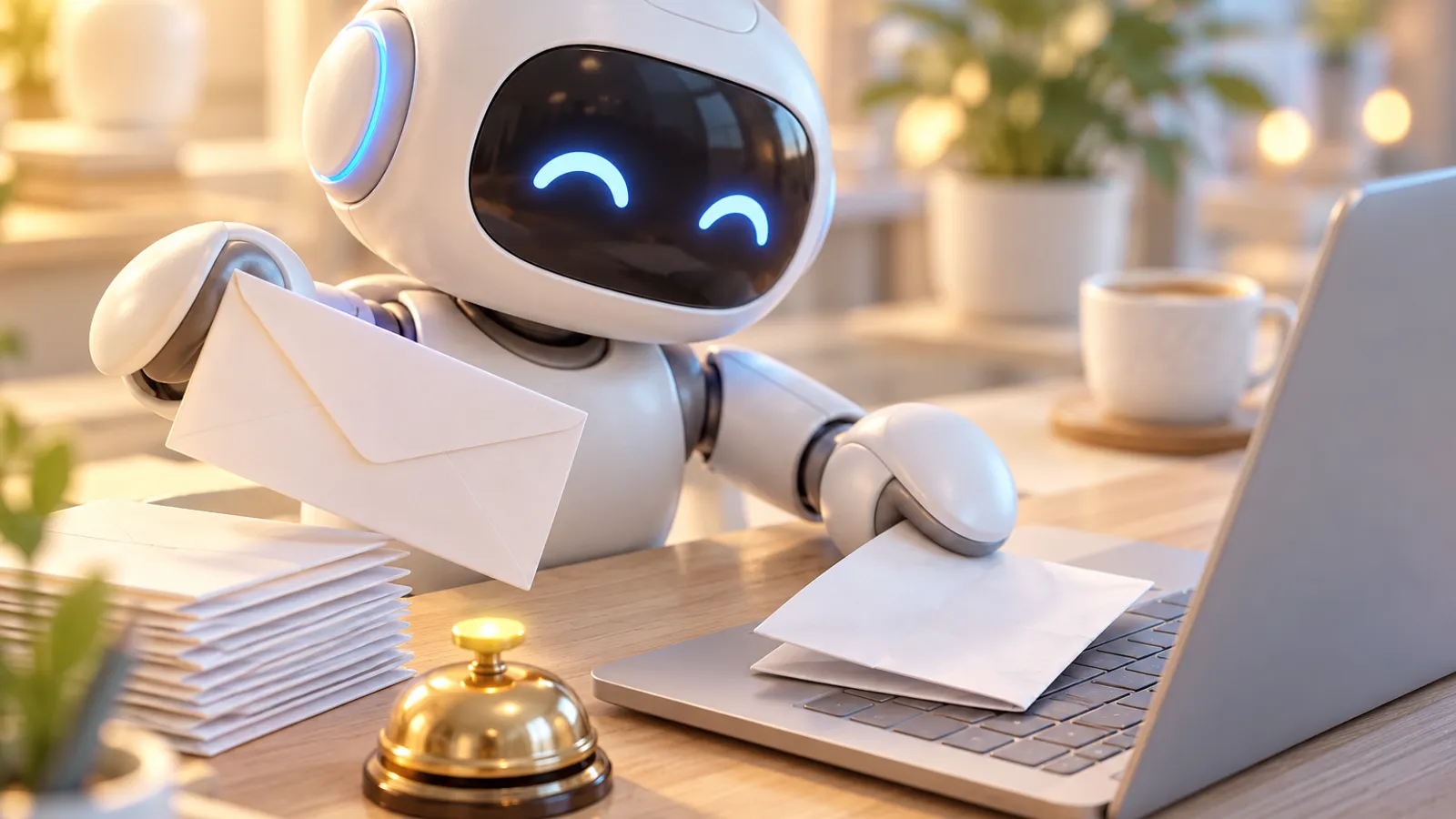 Ein weißer Roboter-Assistent nimmt einen Umschlag von einem Stapel und legt einen gefalteten Antwortbrief auf die Tastatur eines aufgeklappten Laptops. Daneben steht eine goldene Tischklingel, die niemand drückt, dahinter eine Kaffeetasse.
