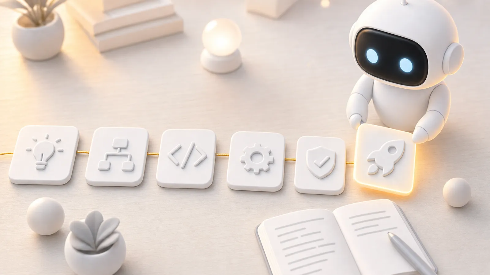 Ein weißer Roboter-Assistent legt auf einem hellen Holztisch die letzte von sechs Karten in eine Reihe; die sechste Karte leuchtet golden, daneben liegen ein aufgeklapptes Notizbuch und ein Stift.