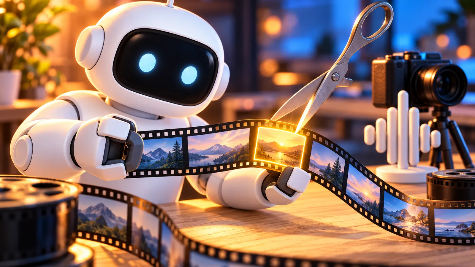 Ein weißer Roboter-Assistent hält einen Filmstreifen, eine Schere setzt an einem golden leuchtenden Bild an. Daneben stehen eine Kamera auf einem kleinen Stativ und eine Tonwellen-Skulptur.