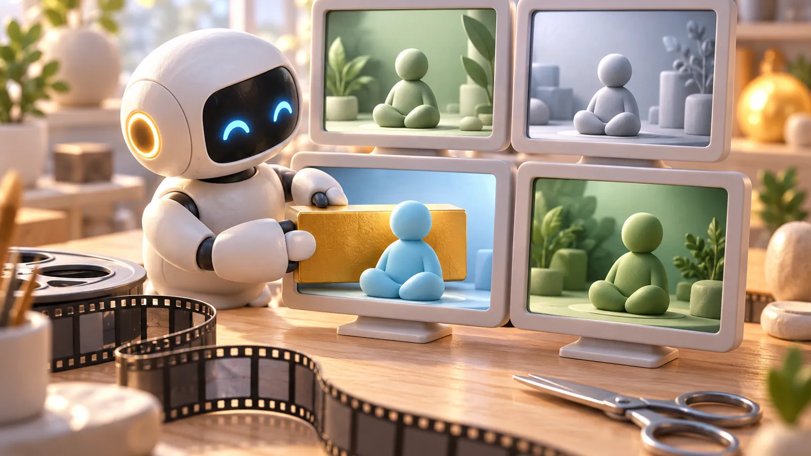 Ein weißer Roboter-Assistent schiebt einen goldenen Block hinter eine hellblaue Knetfigur in einem von vier Bildschirmen, die im Raster auf einem Holztisch stehen. Davor liegen ein Filmstreifen und eine Schere, die niemand benutzt.